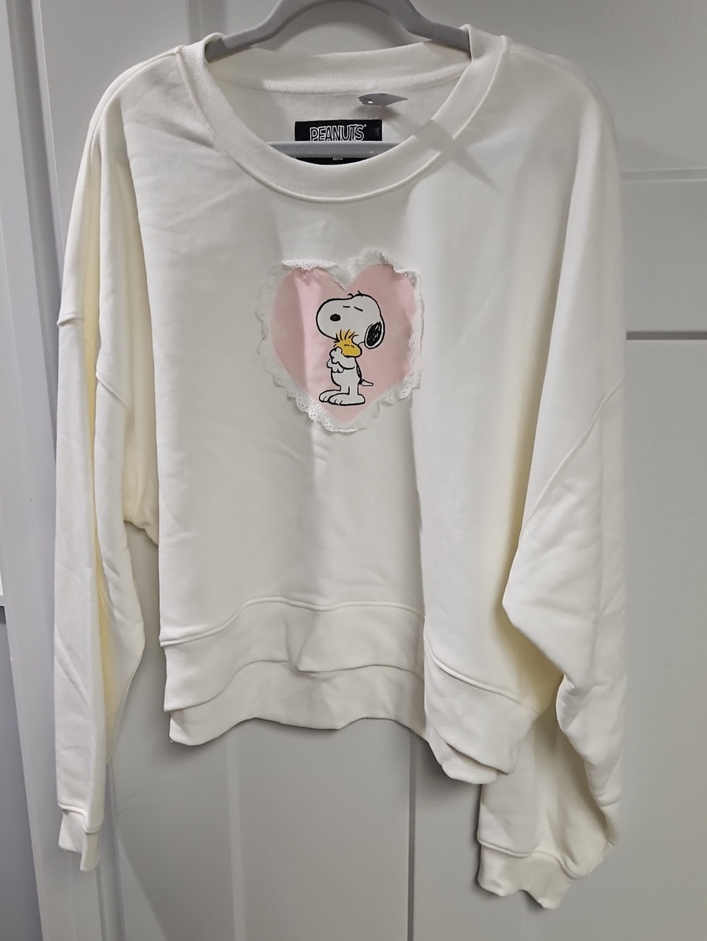 Peanuts Ivory Crewneck Sweatshirt with Pink Heart Snoopy Patch